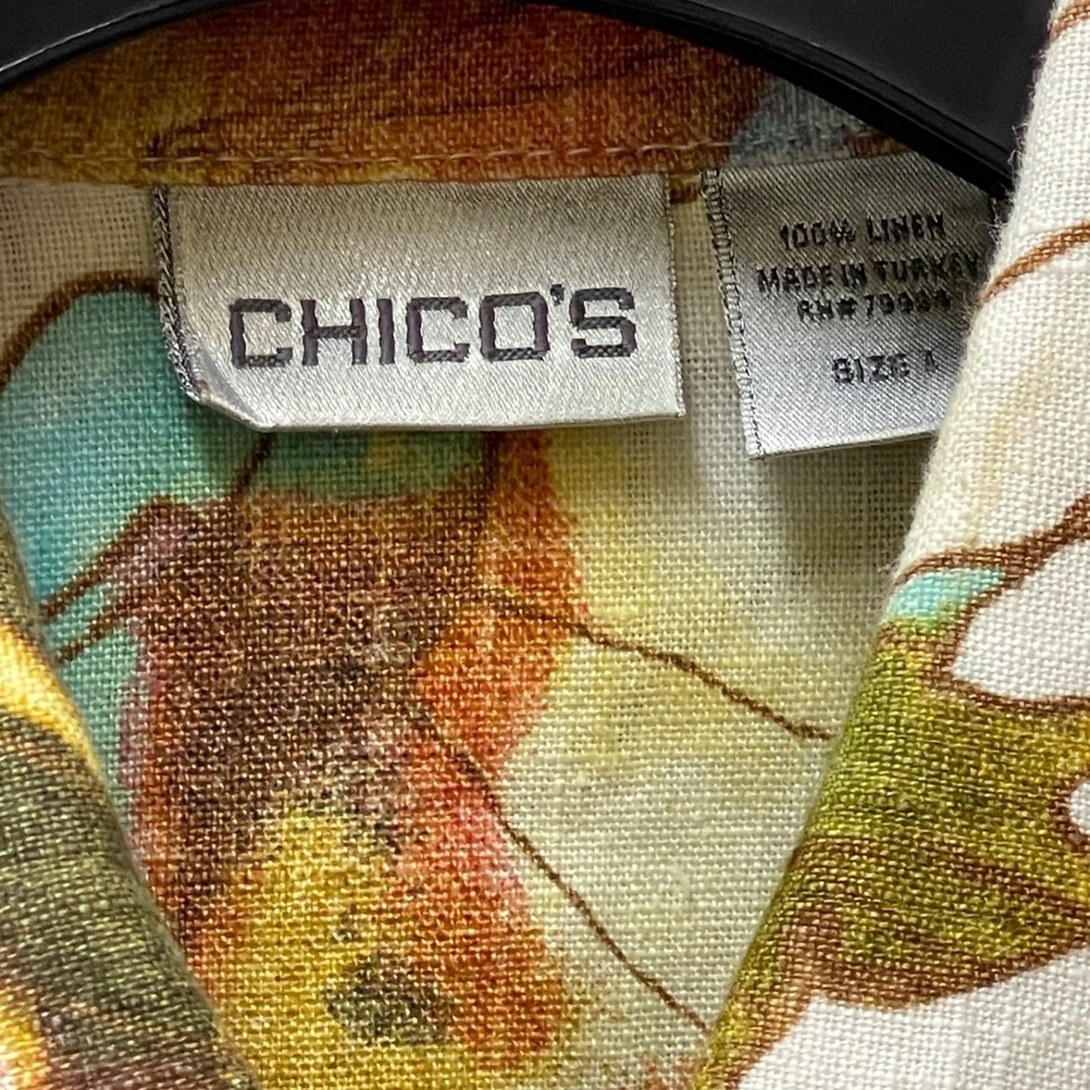 Vintage Chico's Sz 1 (M) Floral 100% Linen Shacket Shirt Jacket Lagen Artsy Boho - Picture 3 of 15